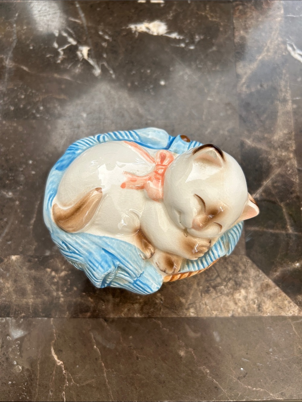 Avon Ceramic Sleeping Cat Figurine in Cream, Blue and Brown
